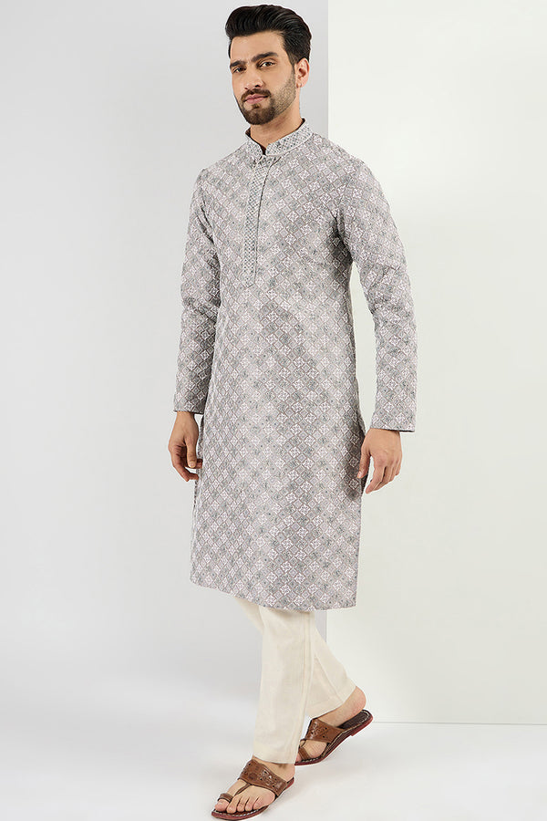 Ethnic Bay Men Grey Viscose Rayon Solid Embroidered Straight Kurta MKU1088