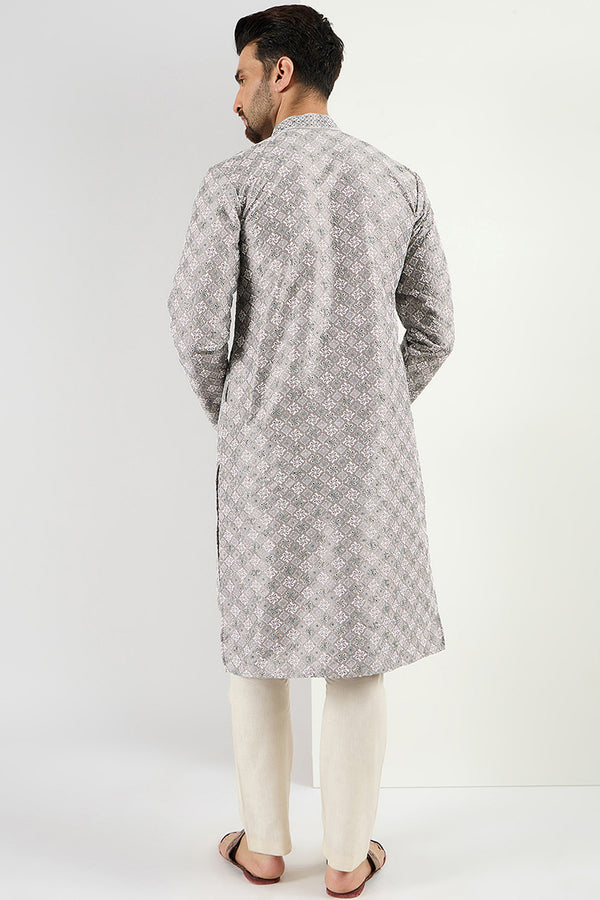 Ethnic Bay Men Grey Viscose Rayon Solid Embroidered Straight Kurta MKU1088