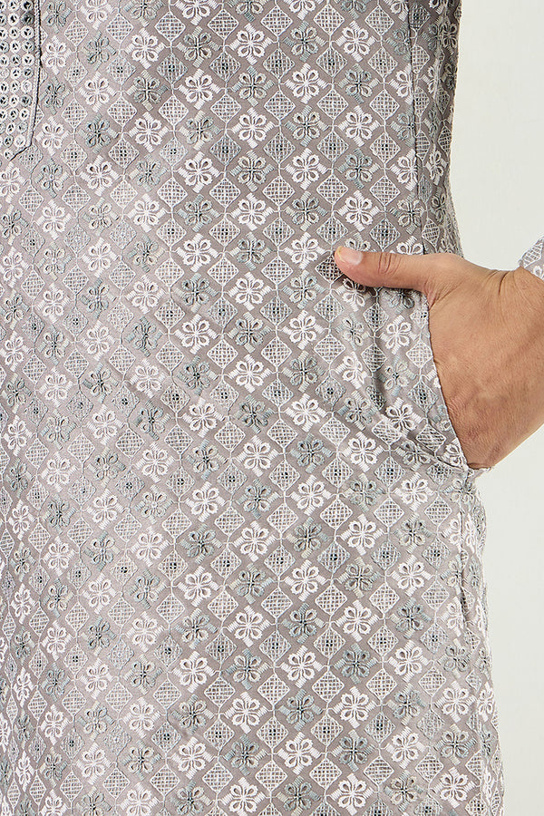 Ethnic Bay Men Grey Viscose Rayon Solid Embroidered Straight Kurta MKU1088
