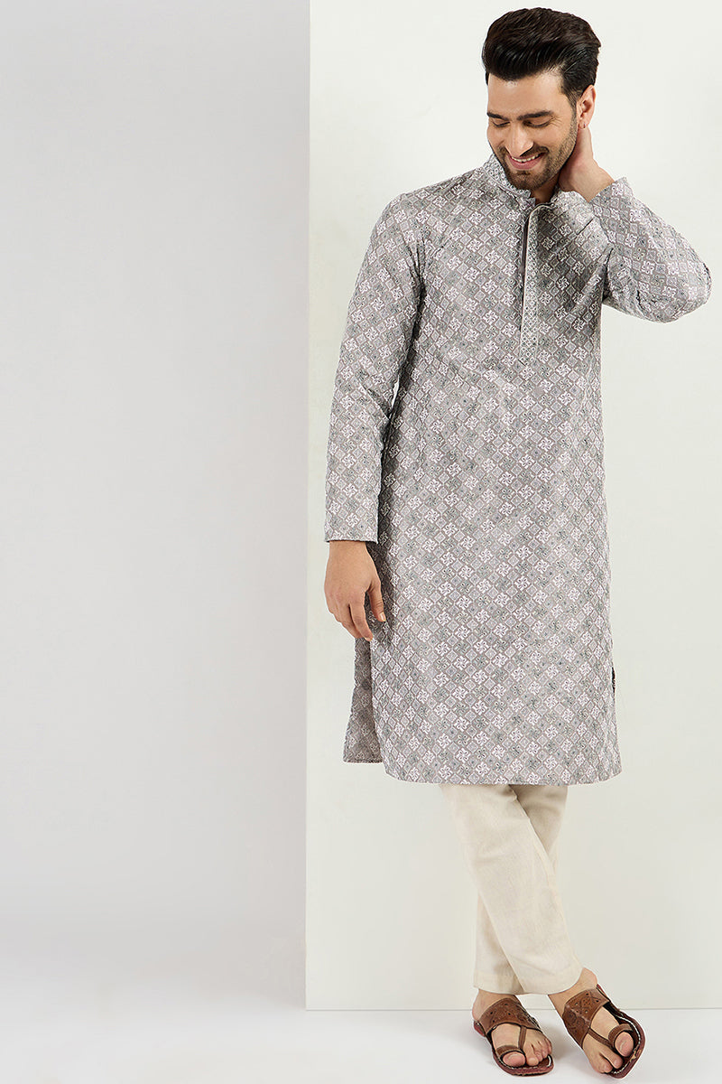Ethnic Bay Men Grey Viscose Rayon Solid Embroidered Straight Kurta MKU1088