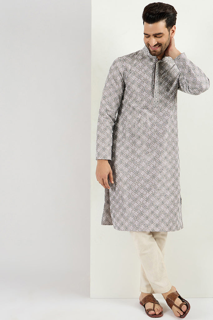 Ethnic Bay Men Grey Viscose Rayon Solid Embroidered Straight Kurta MKU1088