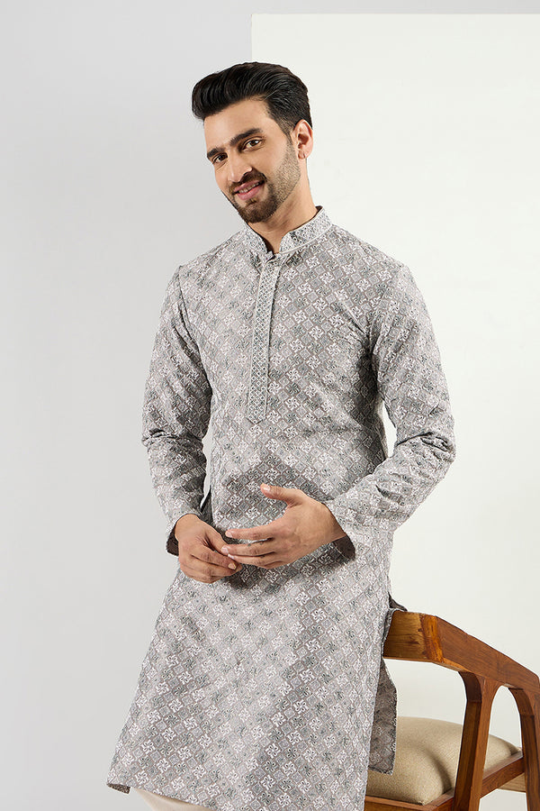 Ethnic Bay Men Grey Viscose Rayon Solid Embroidered Straight Kurta MKU1088