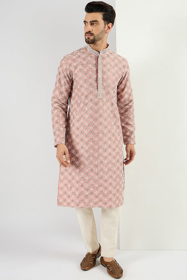 Ethnic Bay Men Peach Viscose Rayon Solid Embroidered Chikankari Straight Kurta MKU1089