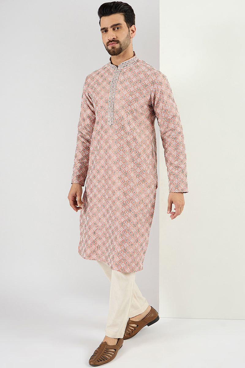 Ethnic Bay Men Peach Viscose Rayon Solid Embroidered Chikankari Straight Kurta MKU1089