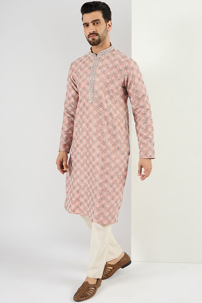 Ethnic Bay Men Peach Viscose Rayon Solid Embroidered Chikankari Straight Kurta MKU1089