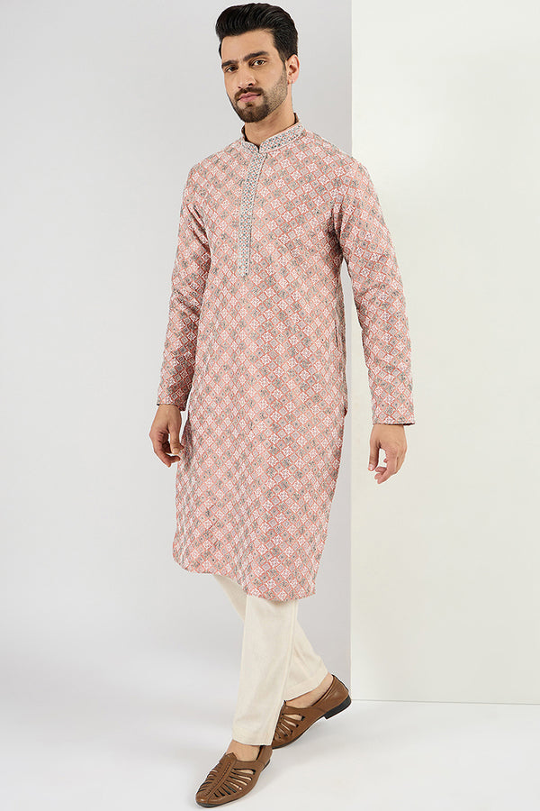 Ethnic Bay Men Peach Viscose Rayon Solid Embroidered Chikankari Straight Kurta MKU1089