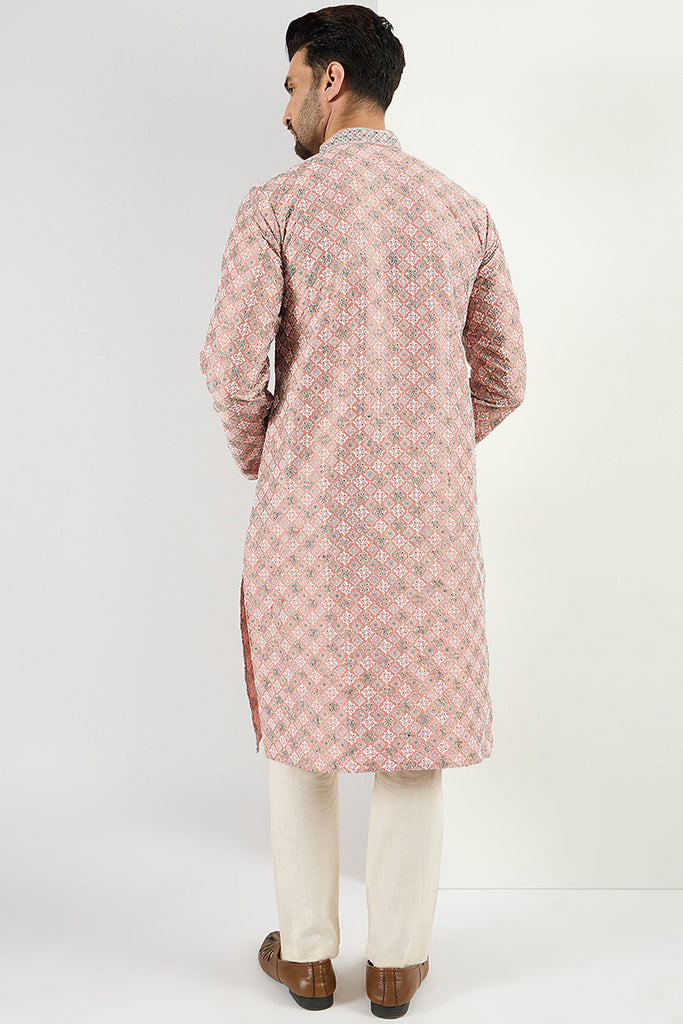 Ethnic Bay Men Peach Viscose Rayon Solid Embroidered Chikankari Straight Kurta MKU1089