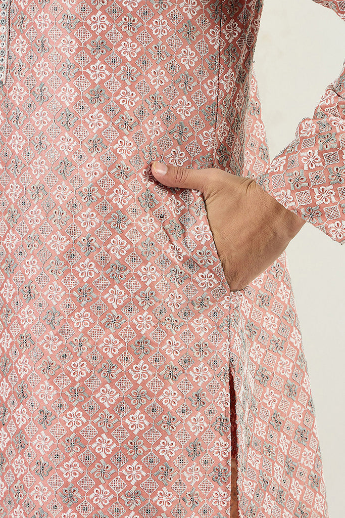Ethnic Bay Men Peach Viscose Rayon Solid Embroidered Chikankari Straight Kurta MKU1089