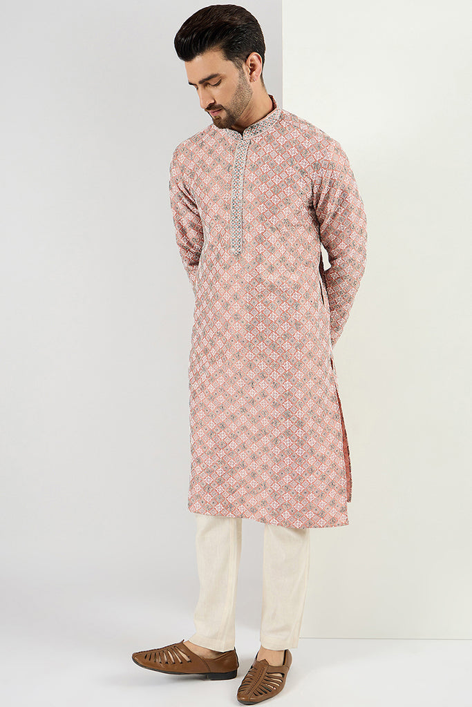 Ethnic Bay Men Peach Viscose Rayon Solid Embroidered Chikankari Straight Kurta MKU1089