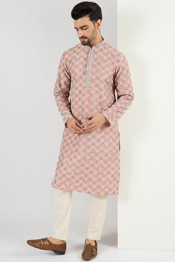 Ethnic Bay Men Peach Viscose Rayon Solid Embroidered Chikankari Straight Kurta MKU1089