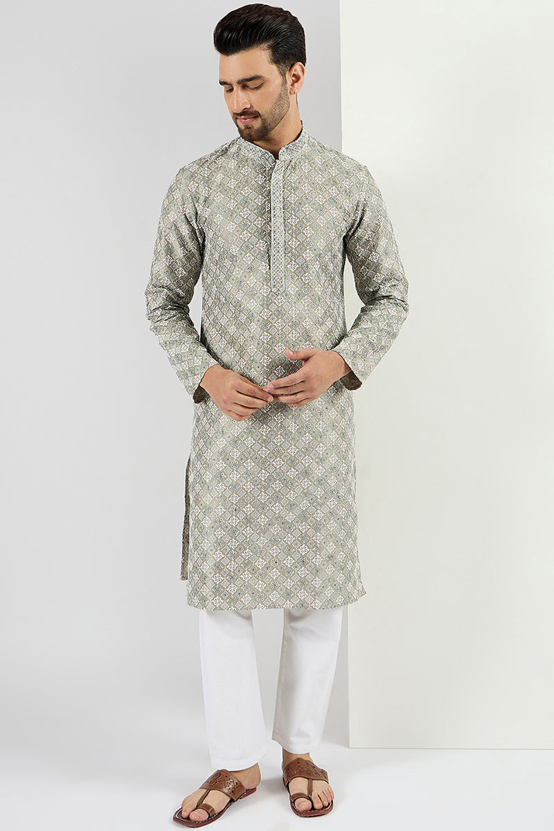 Ethnic Bay Men Green Viscose Rayon Solid Embroidered Chikankari Straight Kurta MKU1090