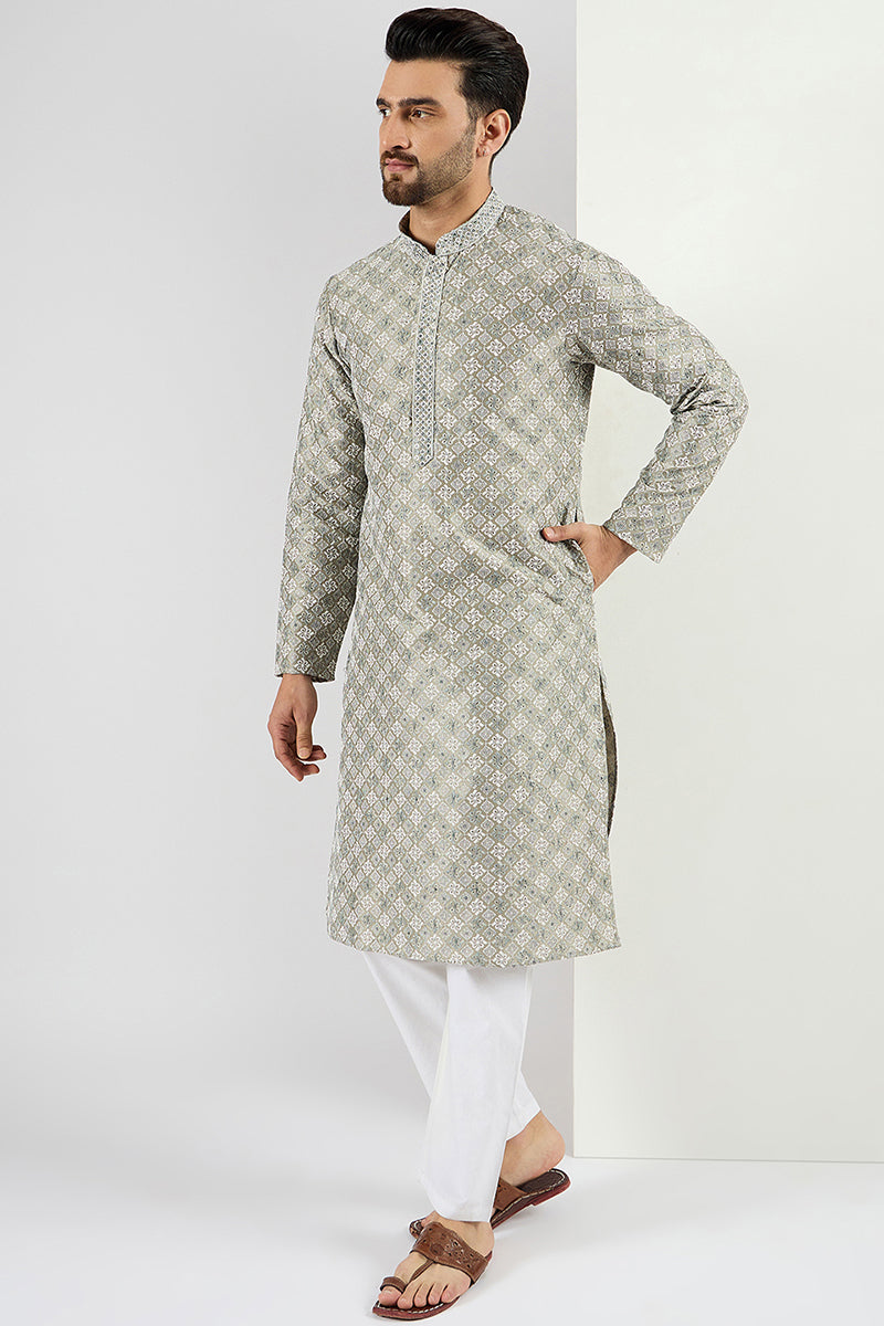 Ethnic Bay Men Green Viscose Rayon Solid Embroidered Chikankari Straight Kurta MKU1090