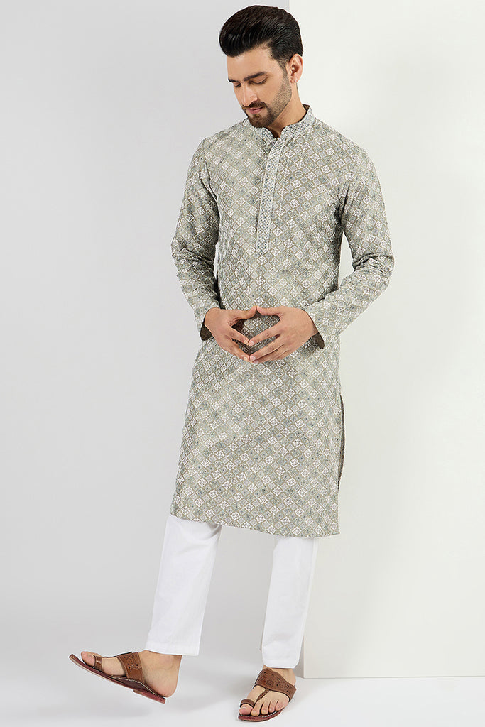 Ethnic Bay Men Green Viscose Rayon Solid Embroidered Chikankari Straight Kurta MKU1090