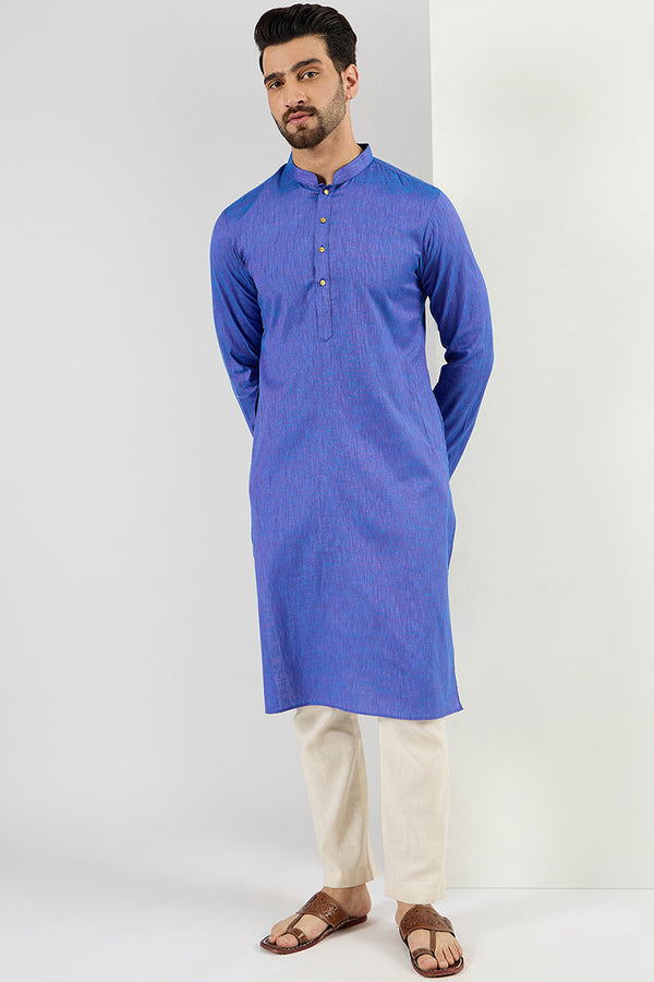 Ethnic Bay Men Blue Cotton Solid Woven Design Straight Kurta For Men MKU1093