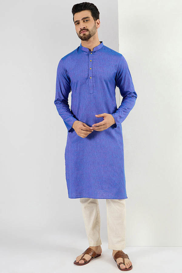 Ethnic Bay Men Blue Cotton Solid Woven Design Straight Kurta For Men MKU1093