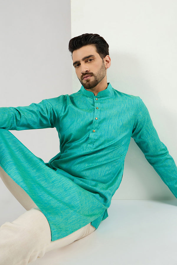 Ethnic Bay Men Teal Blue Cotton Solid Woven Design Straight Kurta MKU1095
