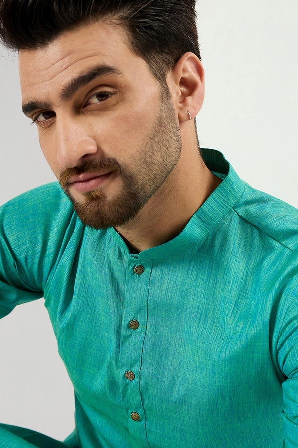 Ethnic Bay Men Teal Blue Cotton Solid Woven Design Straight Kurta MKU1095