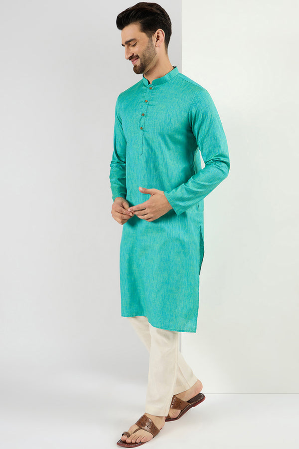 Ethnic Bay Men Teal Blue Cotton Solid Woven Design Straight Kurta MKU1095