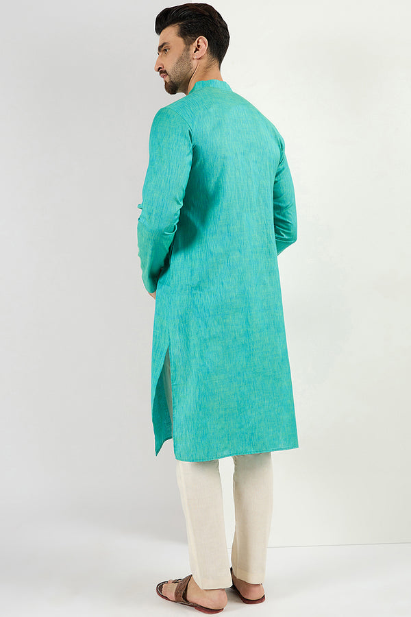 Ethnic Bay Men Teal Blue Cotton Solid Woven Design Straight Kurta MKU1095
