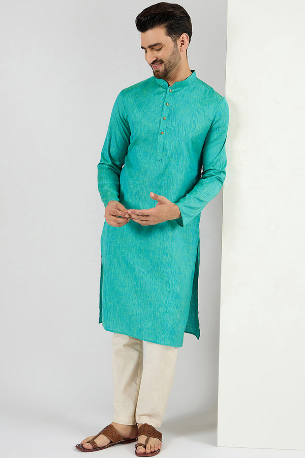Ethnic Bay Men Teal Blue Cotton Solid Woven Design Straight Kurta MKU1095