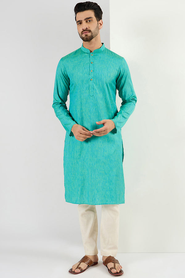 Ethnic Bay Men Teal Blue Cotton Solid Woven Design Straight Kurta MKU1095
