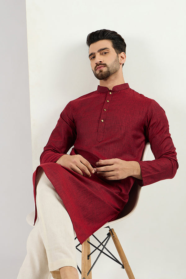 Ethnic Bay Men Maroon Cotton Solid Woven Design Straight Kurta MKU1096