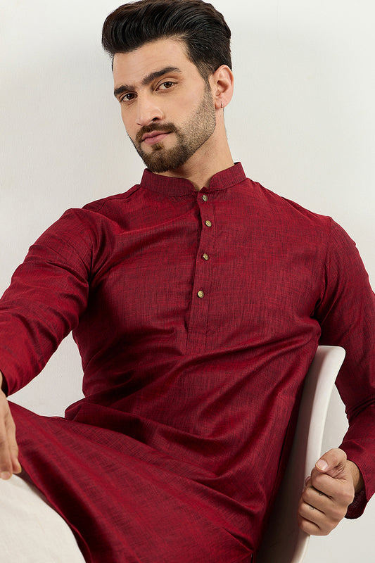 Ethnic Bay Men Maroon Cotton Solid Woven Design Straight Kurta MKU1096
