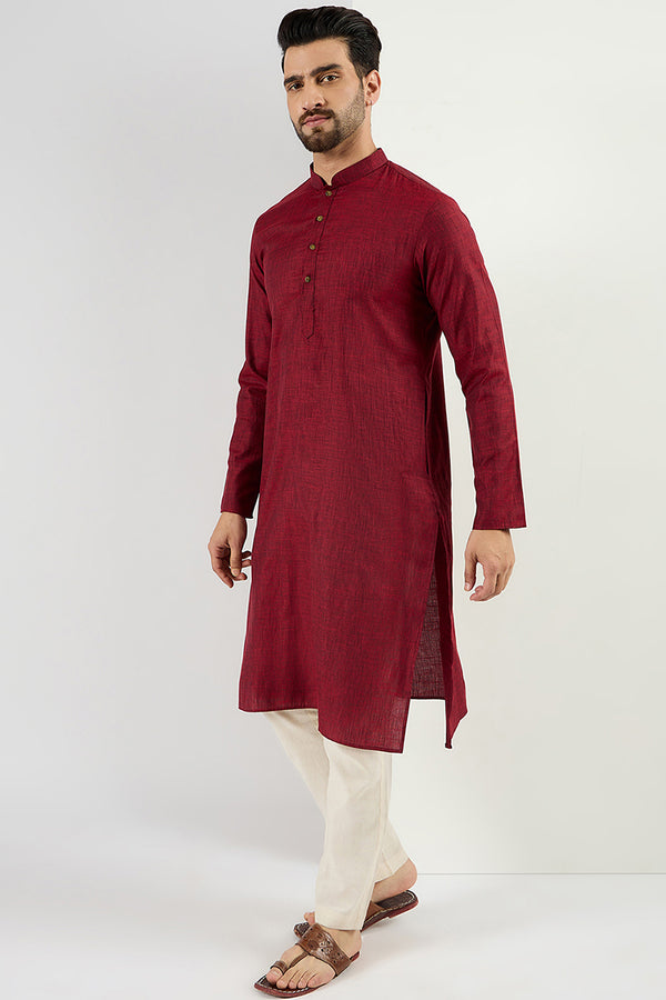 Ethnic Bay Men Maroon Cotton Solid Woven Design Straight Kurta MKU1096