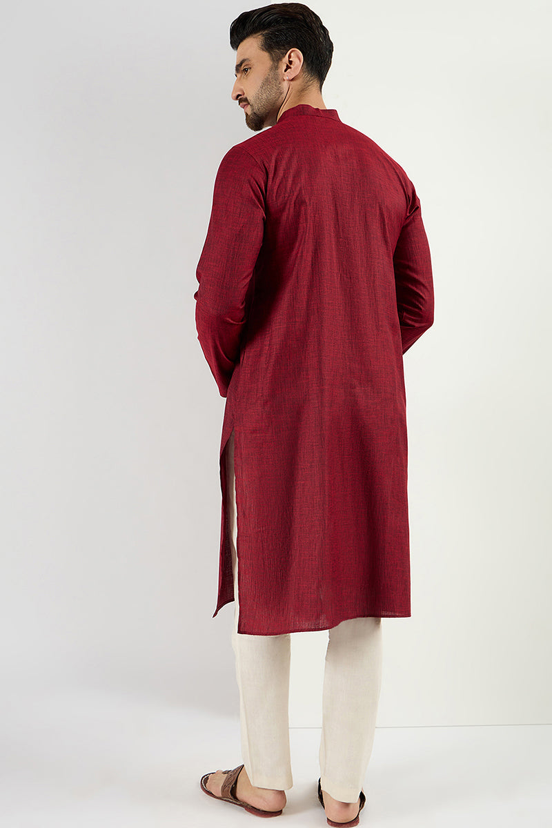Ethnic Bay Men Maroon Cotton Solid Woven Design Straight Kurta MKU1096