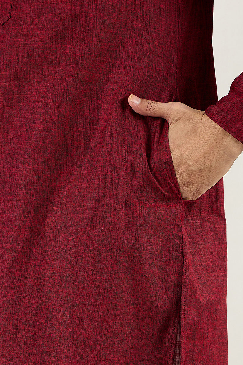 Ethnic Bay Men Maroon Cotton Solid Woven Design Straight Kurta MKU1096