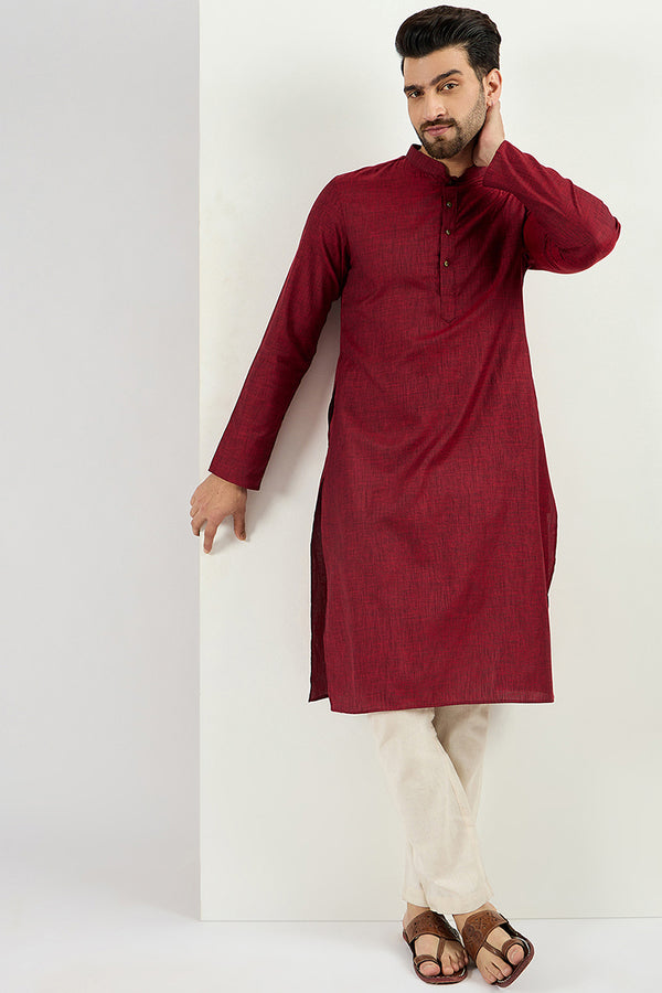 Ethnic Bay Men Maroon Cotton Solid Woven Design Straight Kurta MKU1096