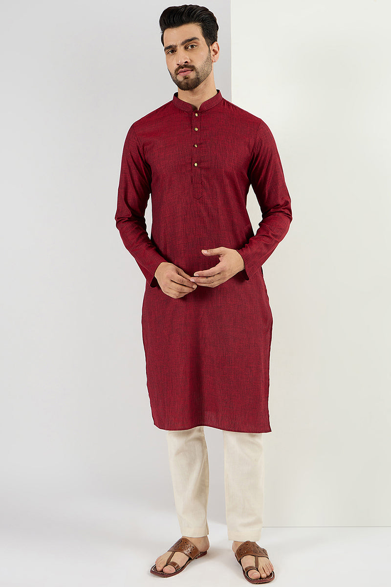 Ethnic Bay Men Maroon Cotton Solid Woven Design Straight Kurta MKU1096