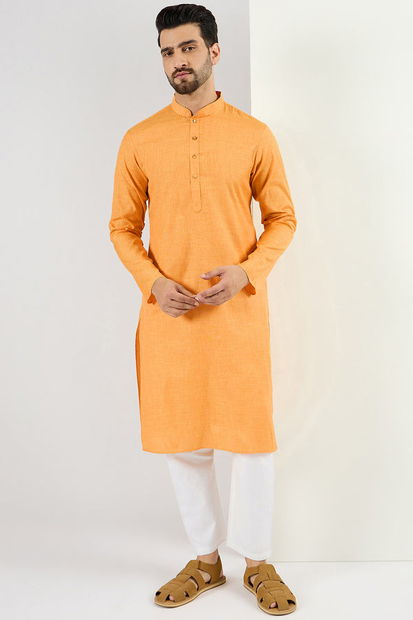 Ethnic Bay Men Yellow Cotton Solid Woven Design Straight Kurta MKU1097
