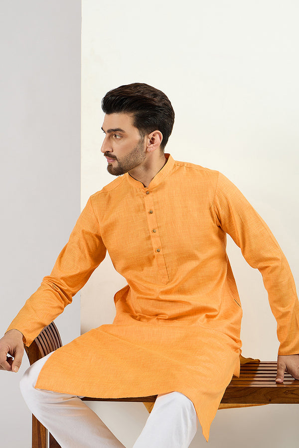 Ethnic Bay Men Yellow Cotton Solid Woven Design Straight Kurta MKU1097