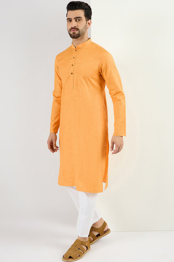 Ethnic Bay Men Yellow Cotton Solid Woven Design Straight Kurta MKU1097