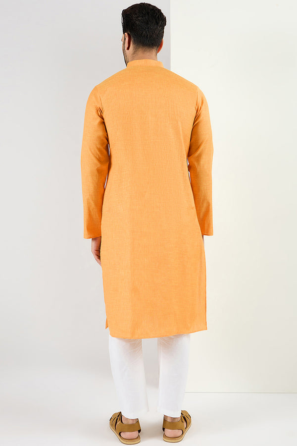 Ethnic Bay Men Yellow Cotton Solid Woven Design Straight Kurta MKU1097