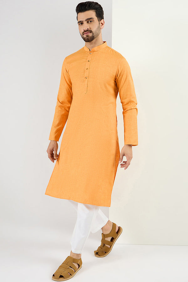 Ethnic Bay Men Yellow Cotton Solid Woven Design Straight Kurta MKU1097