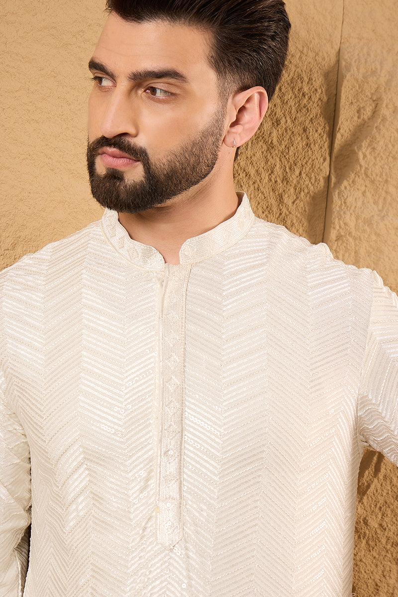 Off White Viscose Rayon Chevron Embroidered Straight Kurta MKU1102
