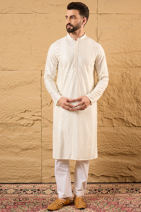 Off White Viscose Rayon Chevron Embroidered Straight Kurta MKU1102