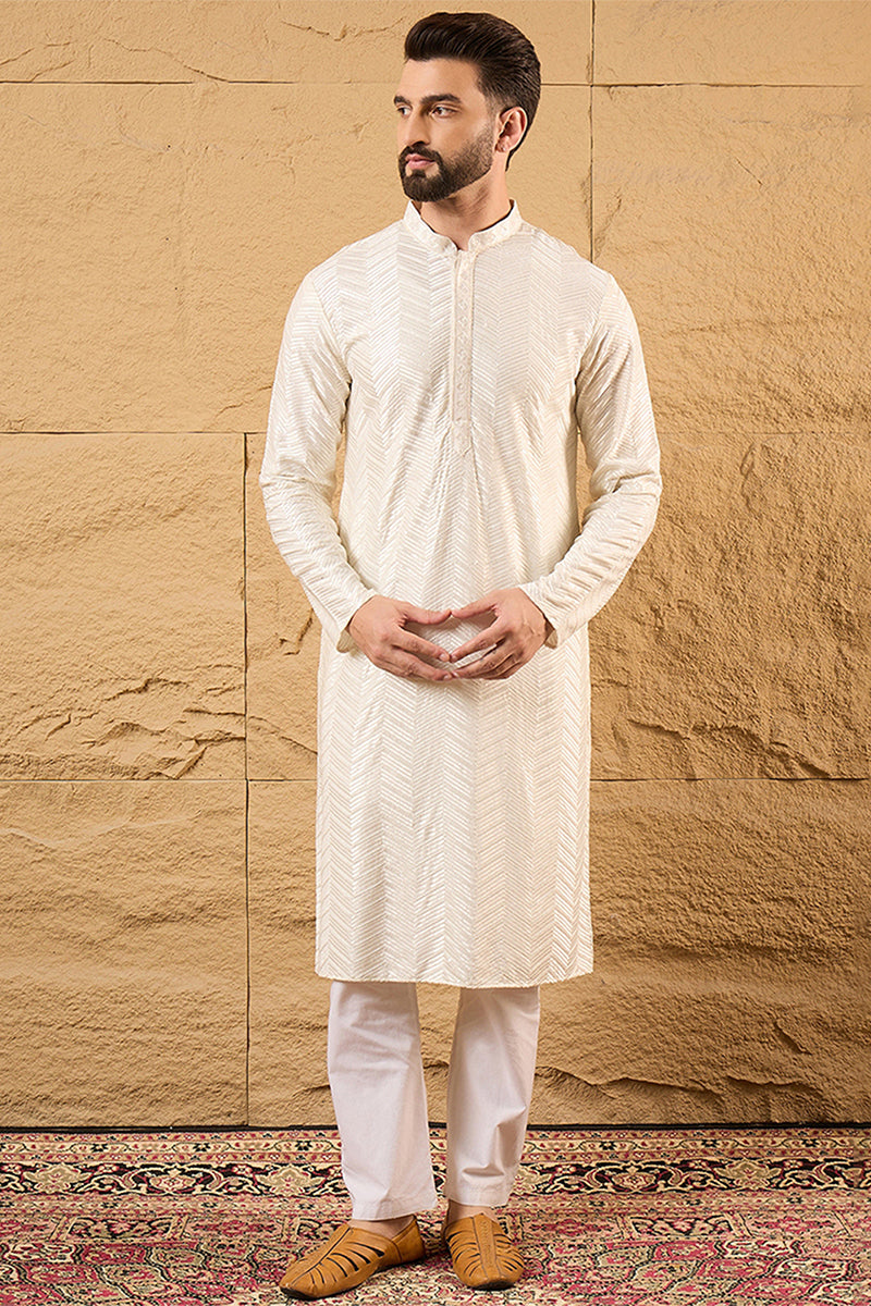 Off White Viscose Rayon Chevron Embroidered Straight Kurta MKU1102