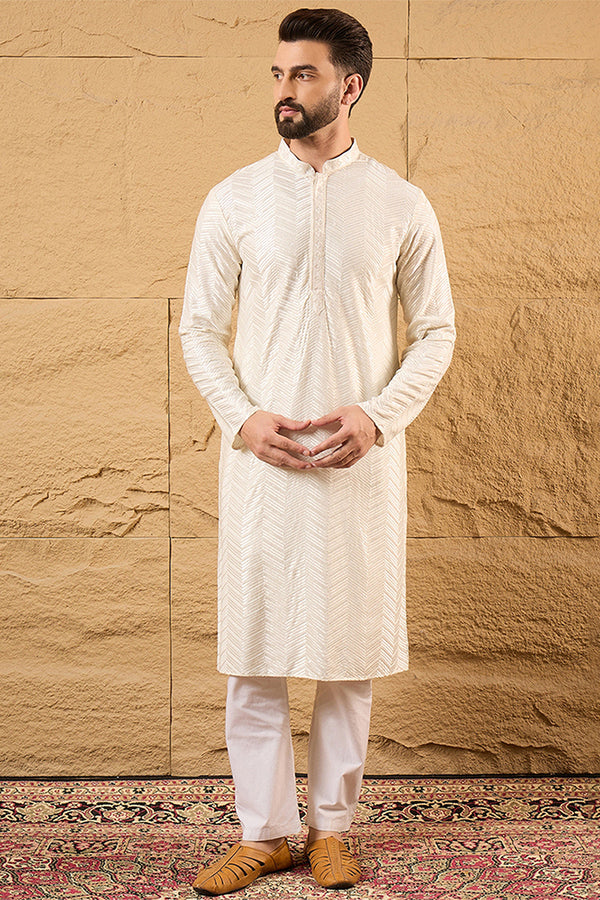 Off White Viscose Rayon Chevron Embroidered Straight Kurta MKU1102