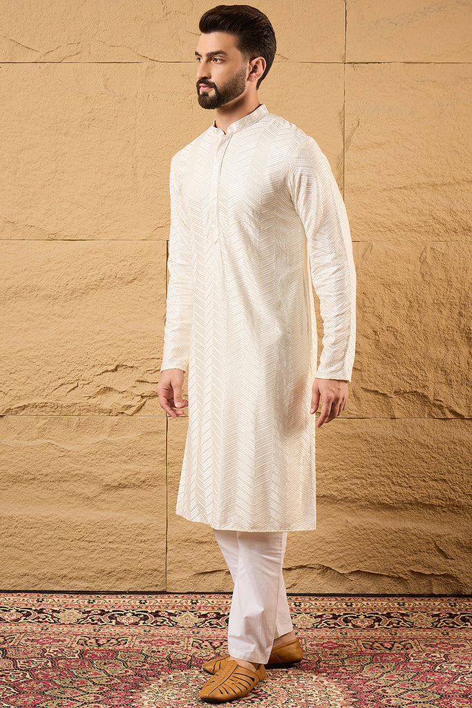 Off White Viscose Rayon Chevron Embroidered Straight Kurta MKU1102