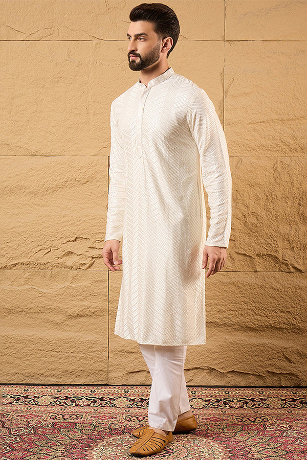 Off White Viscose Rayon Chevron Embroidered Straight Kurta MKU1102