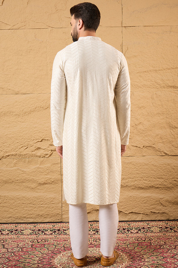 Off White Viscose Rayon Chevron Embroidered Straight Kurta MKU1102