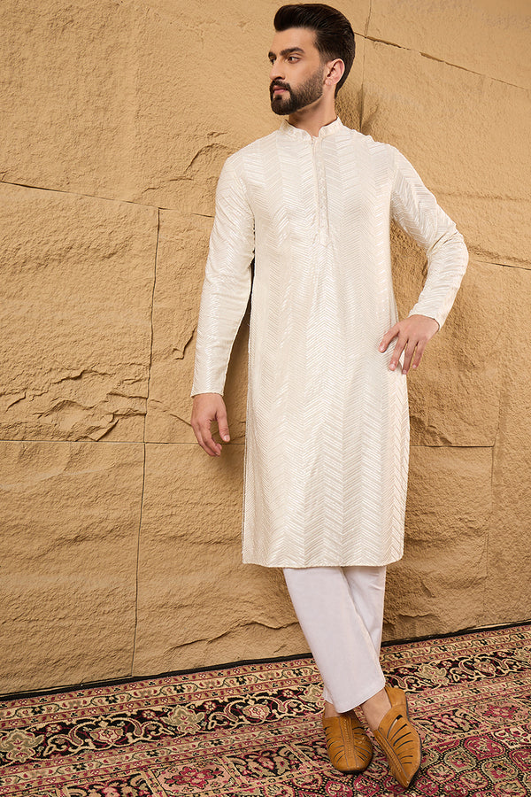 Off White Viscose Rayon Chevron Embroidered Straight Kurta MKU1102