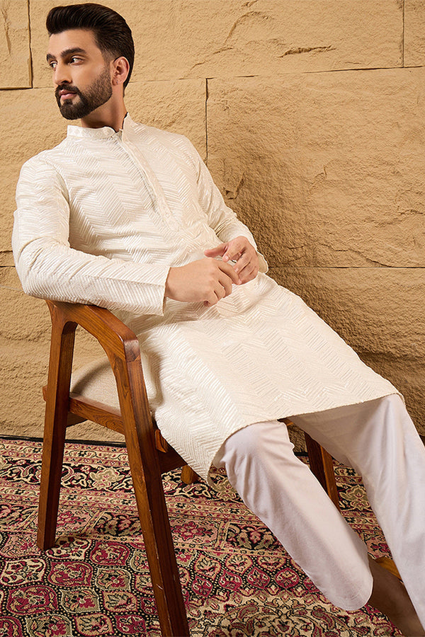 Off White Viscose Rayon Chevron Embroidered Straight Kurta MKU1102