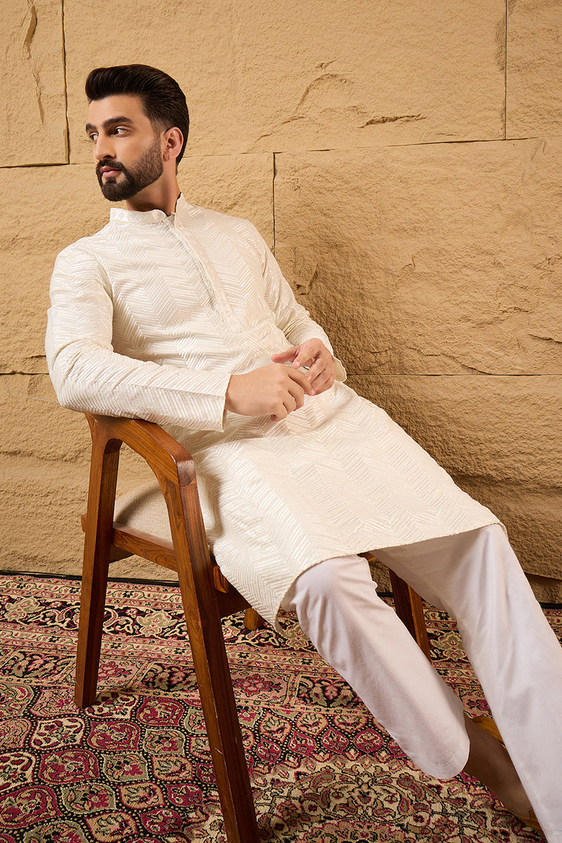 Off White Viscose Rayon Chevron Embroidered Straight Kurta MKU1102
