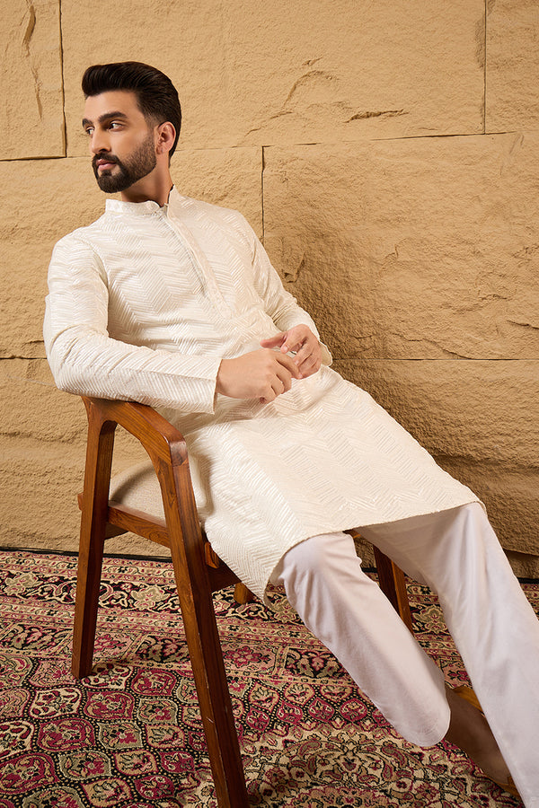 Off White Viscose Rayon Chevron Embroidered Straight Kurta MKU1102