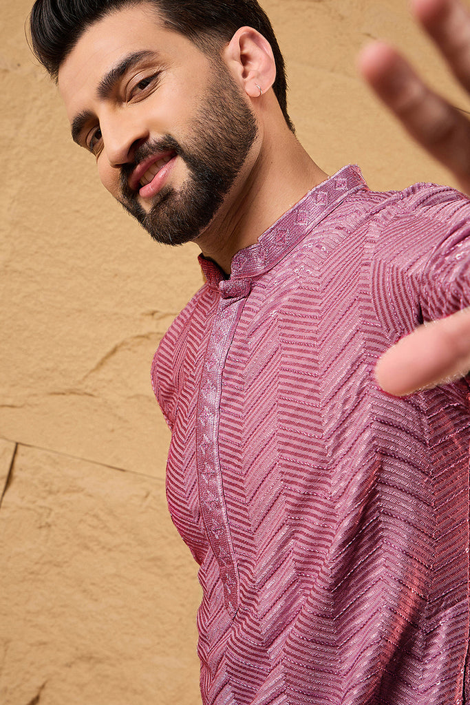 Ethnic Bay Pink Viscose Rayon Solid Embroidered Straight Kurta For Men MKU1103