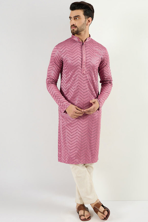 Ethnic Bay Pink Viscose Rayon Solid Embroidered Straight Kurta For Men MKU1103